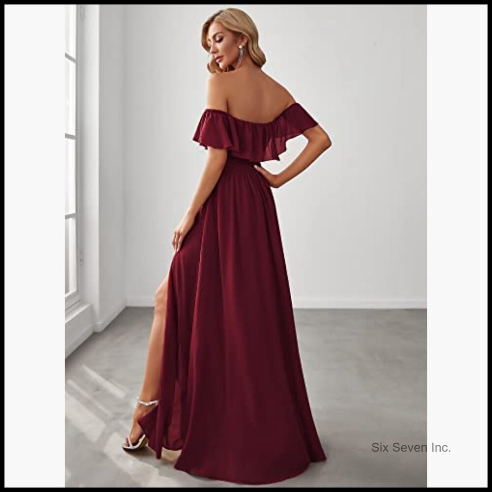 Off Shoulder Side Split High Waist Flowy Chiffon … - image 2